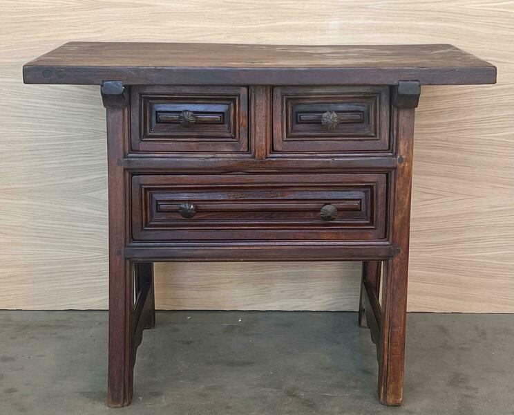 19th Century Rustic Artisan Made Pyrenees Mountains Side Three Drawers Table photo for sale