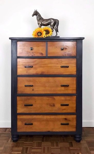 Dark Grey And Natural Wood Chest Of Drawers Hand Painted Grey