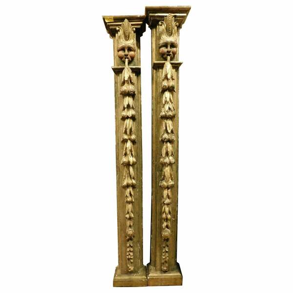 Pair Of Columns In Gilded, Lacquered And Carved Wood With Masks, Spain