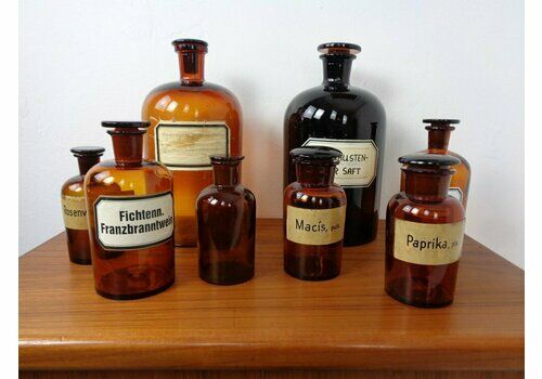 Vintage Pharmacists Glass Bottles, Set Of 8