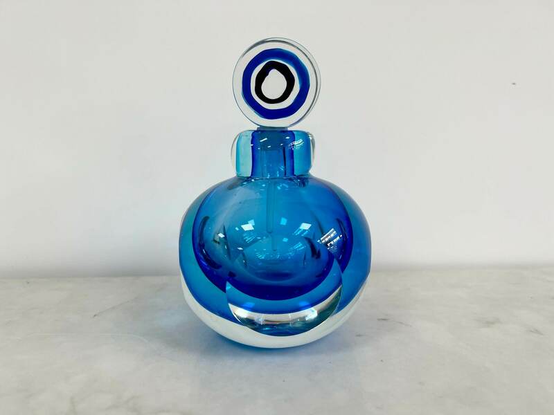 Vintage Murano Art Glass Perfume Bottle, Jewel Blue Tones Sammerso