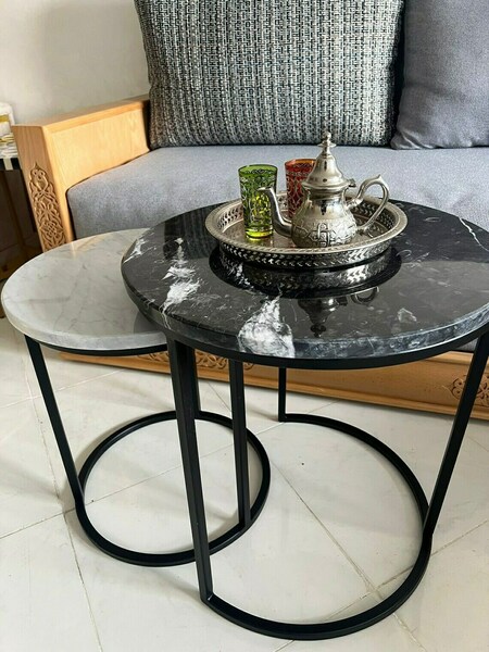 Moroccan Inspired Marble Pattern Round Coffee Table Set For Stylish Living Room Decoration