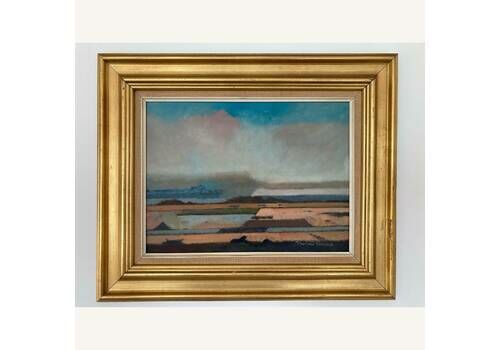 Patchwork Landscape  Danish Mid Century Modern Original Oil Painting