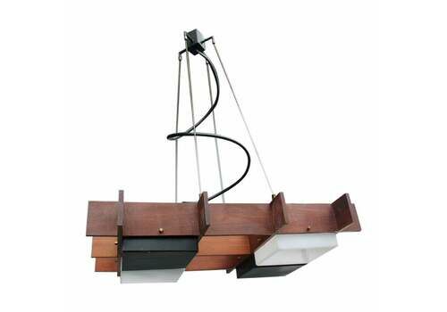 Italian Minimalist Chandelier Esperia Angelo Brotto 1950s Wood Plexiglass Metal