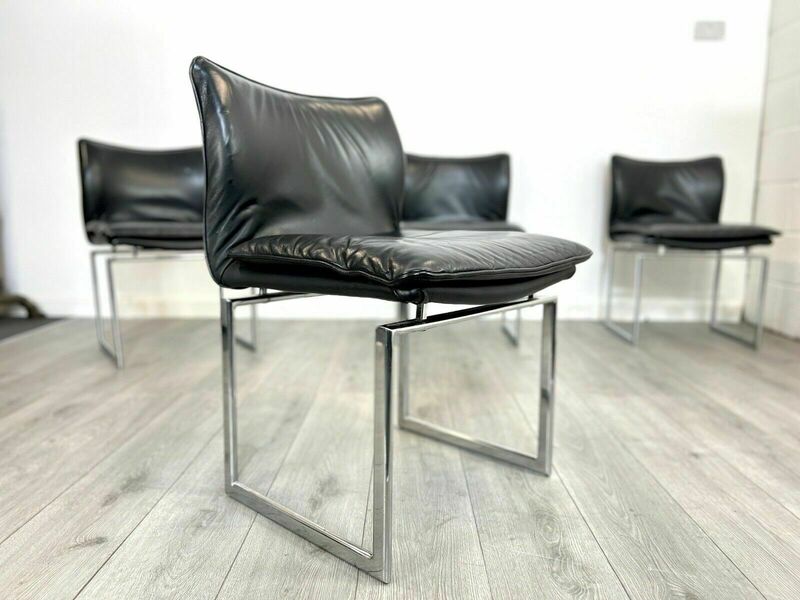 Pieff Epee, Set Of 4 Chrome And Black Leather Dining Chairs Pieff