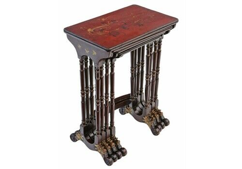 Antique Fine Quality 19th Century Chinoiserie Decorated Lacquer Nest Of 4 Tables