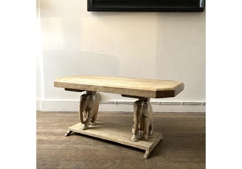 An Exotic Hardwood Low Table With Two Elephant Supports, One Minus A Tusk. 1950s