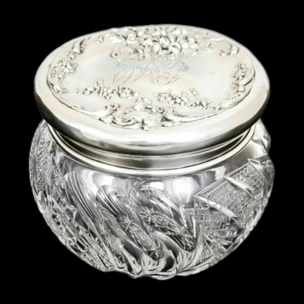 Art Nouveau Mauser Sterling Silver Crystal Dressing Table Jar Box
