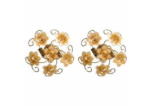 Charming Set Of 2 Murano Vintage Ceiling Light Orange Iridescent Flowers, 1970s