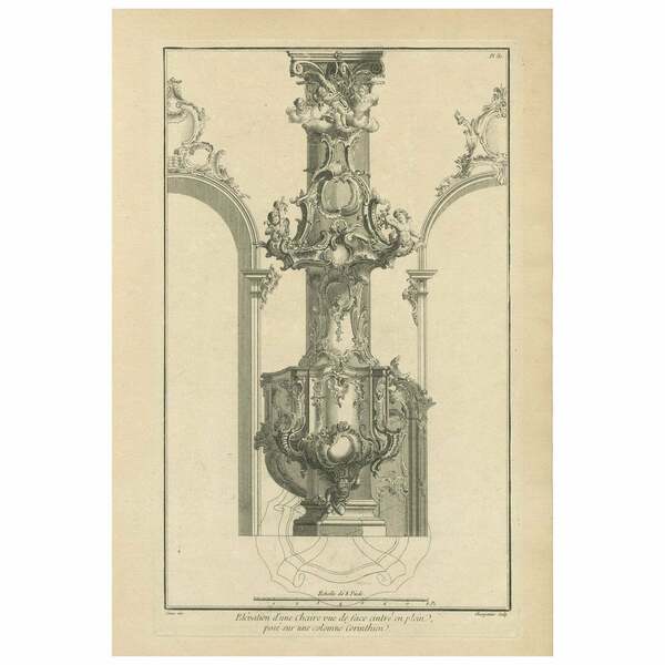Architectural Print Of A Rococo Pulpit Elevation On A Corinthian Column, Ca.1740