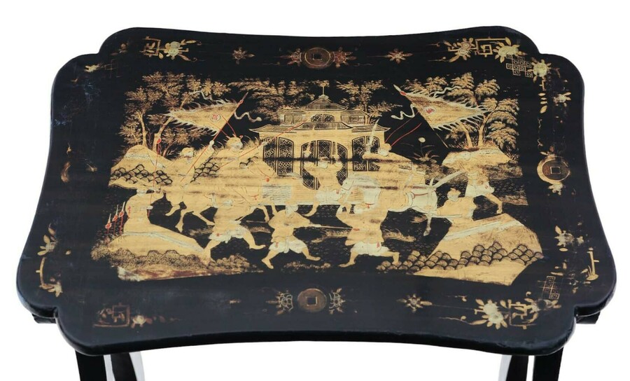 Antique Fine Quality Chinoiserie Boulle Work Black Lacquer Nest Of 4 19th Century Tables photo Furniture
