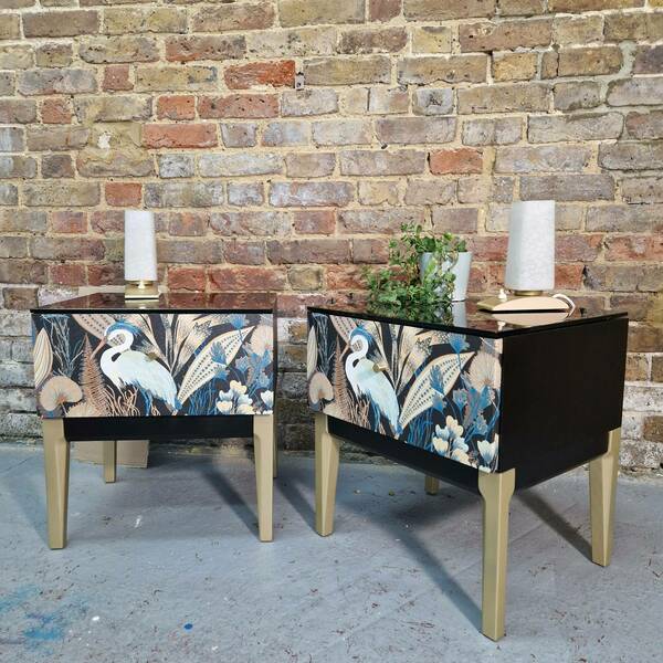 Chic Mid Century Style Bedside Tables Nightstands, Heron Pattern Design, Vintage Inspired Nightstand Set, Artisan Crafted Mid Century Tables
