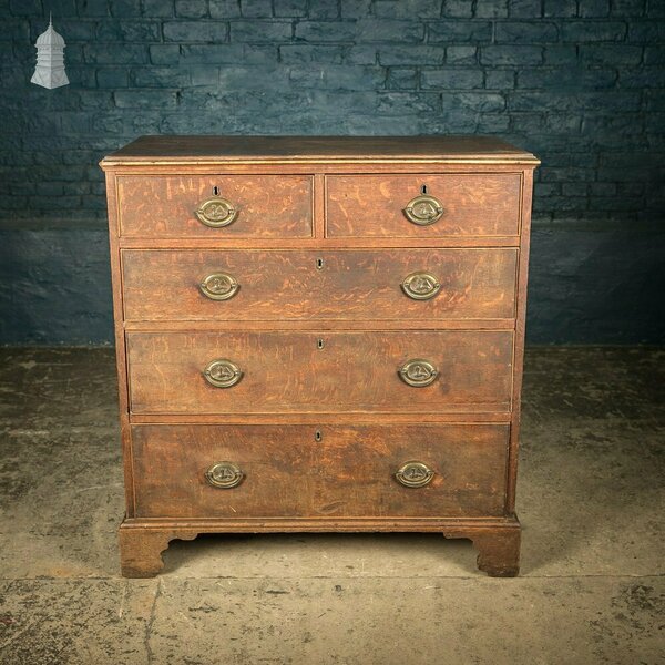 Chest Of Drawers, George III, Oak 2 Over 3 Drawer With Brass Sphinx Pull Handles