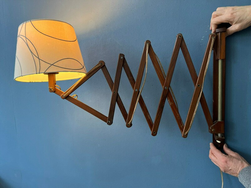Danish Style Teak Wood Scissor Wall Lamp With Beige Shade And Black Decorative Pattern