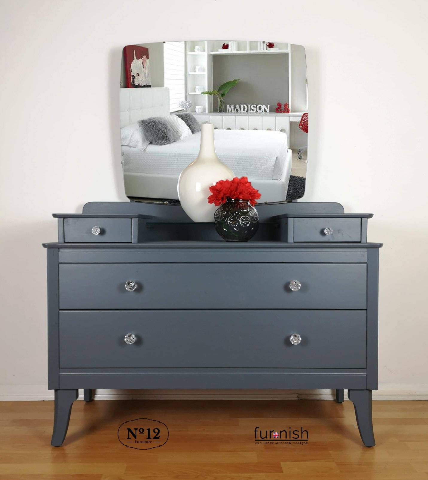Grey Dressing Table Chest Of Drawers With Mirror And Crystal Handles