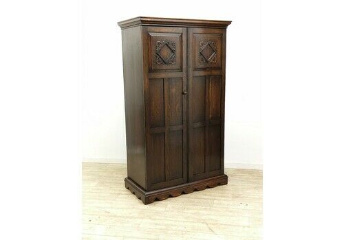 Antique Geometric Solid Oak Single Hall Wardrobe Armoire