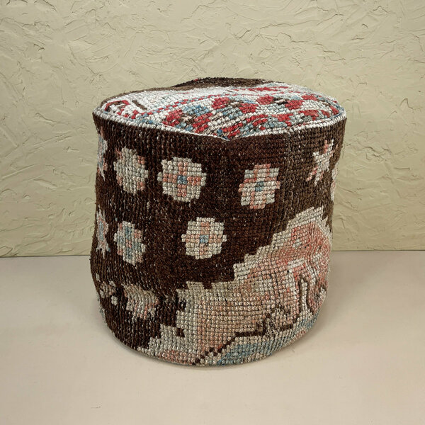Vintage Turkish Pouffe Footstool Kilim Carpet Handwoven Round Circle Earthy Brown Beige 45x45cm Lounge Bohemian Pouf