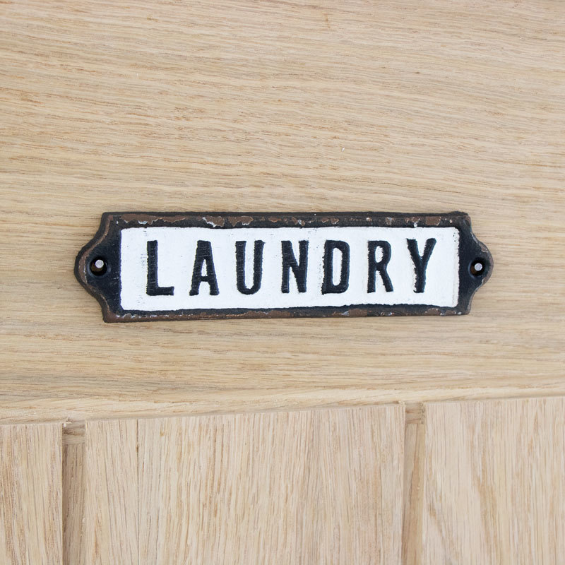 Vintage Aged Victorian Black White CAST IRON Sign Laundry Plaque