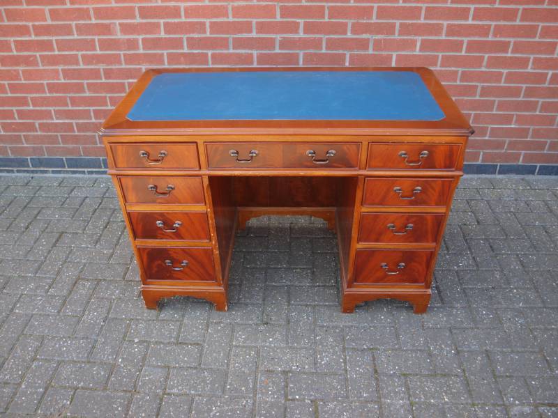 Antique Style Desk With Blue Leather Inlay Vinterior