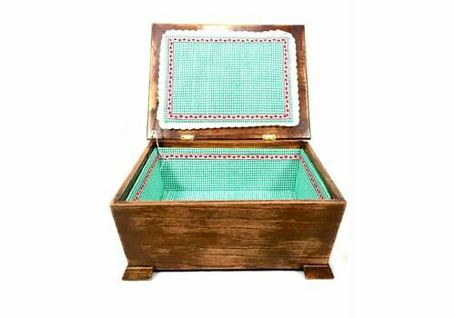 Antique Wooden Storage Box / Green Cushion Lined Interior / Sewing / Keepsakes
