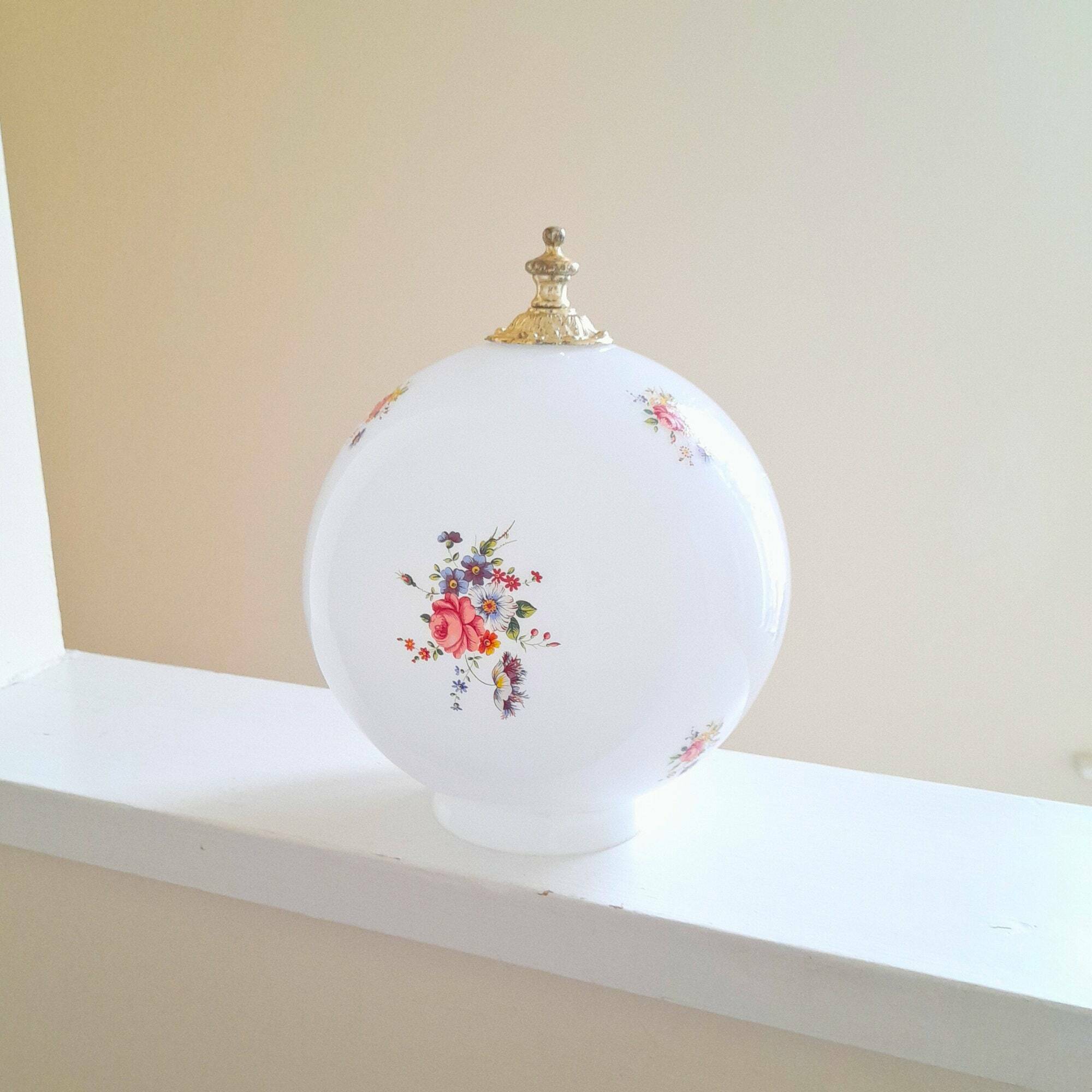 50's Milk Glass Globe Hanging Pendant Light Floral Design Round