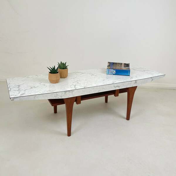 Vintage Teak And Marble Effect Formica Coffee Table