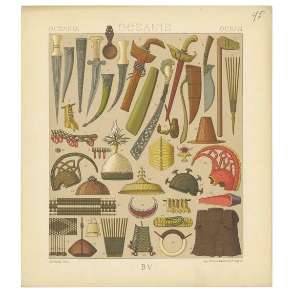 Pl. 95 Antique Print Of Oceanian Decorative Objects By Racinet, 'Circa 1880'