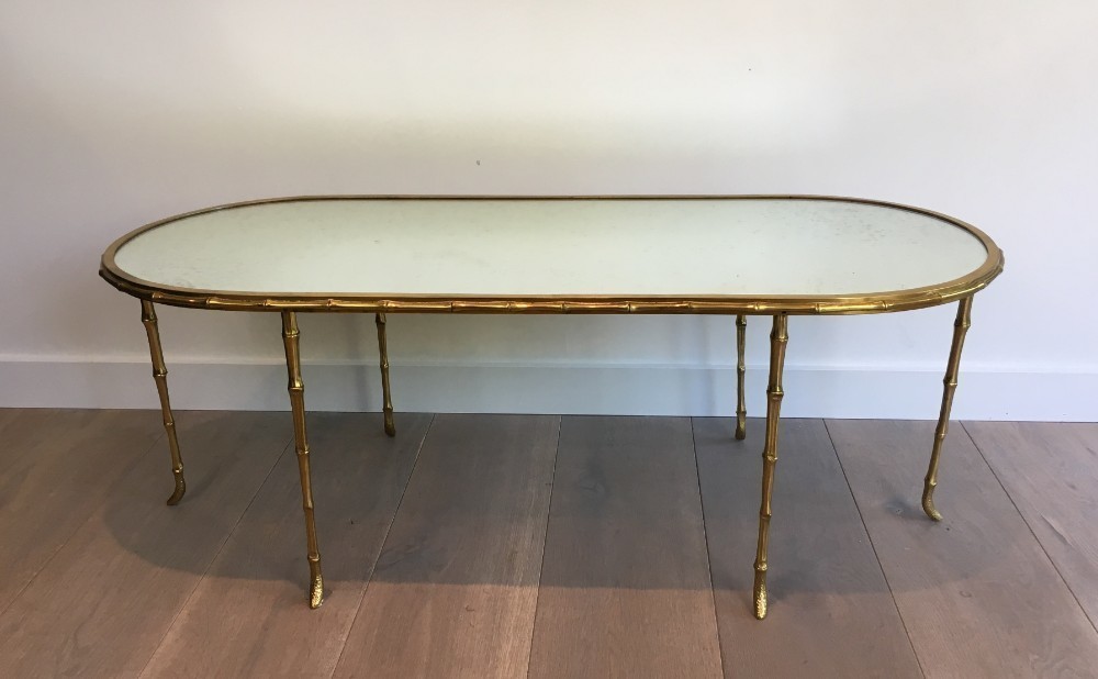 Rare Faux Bamboo Oval Bronze Coffee Table With Antique Mirror Top Faux Bamboo Oval Bronze Coffee Table