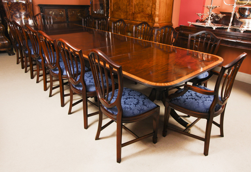 Vintage 13 Ft Three Pillar Mahogany Dining Table Set 20th C