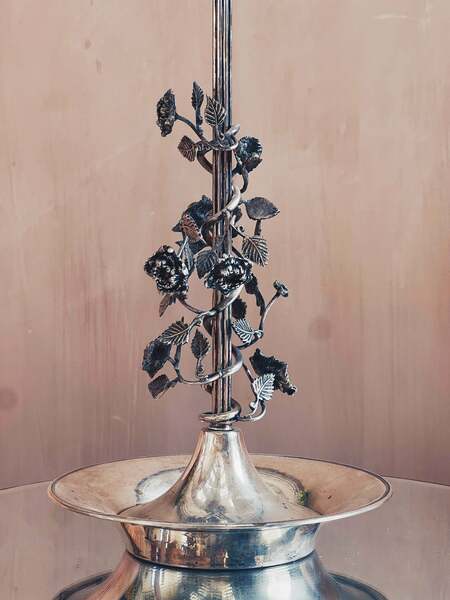 Large Flower Silver Plated Table Lamp Signed Lamp F.Valenti