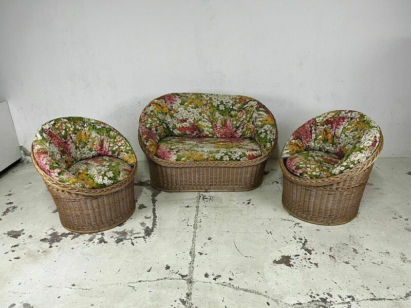 80s Vintage Design Wicker Sofa Armchairs Lounge Set | Vinterior
