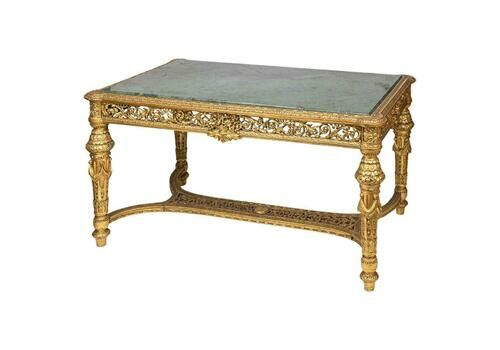 19th Century French Louis XVI Style Giltwood & Green Alp Marble Table C.1870