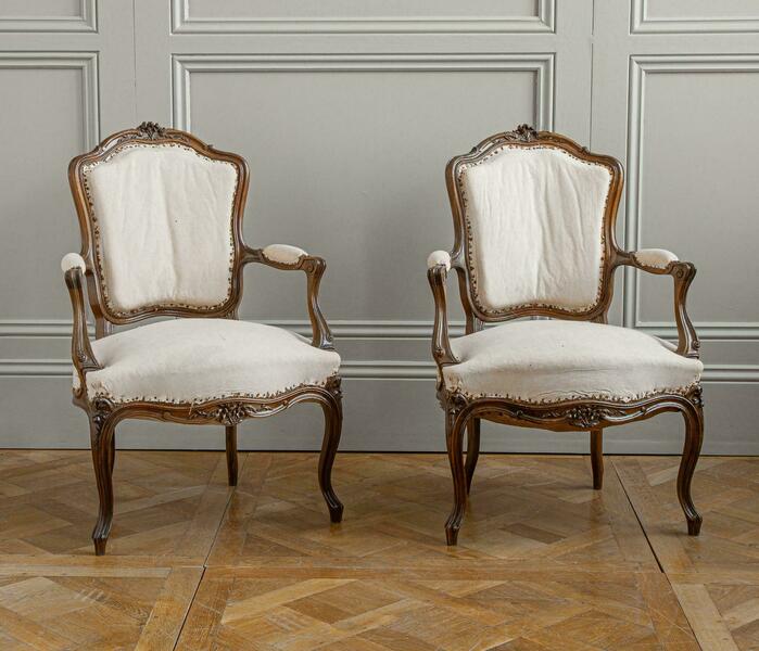 Pair Of Early 1900's French Walnut Louis XV Style Armchairs