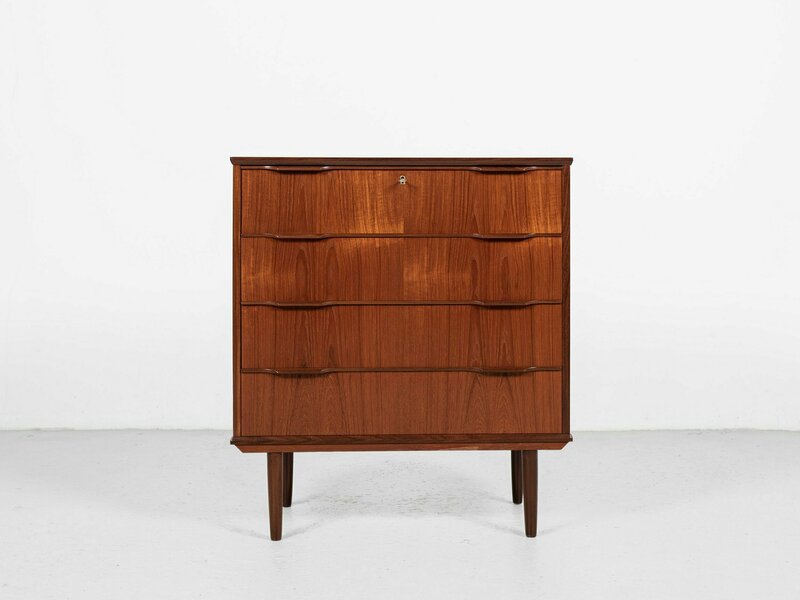 Midcentury Danish Chest Of 4 Drawers In Teak 1960s   Long Drawer Handle With 2 Handles