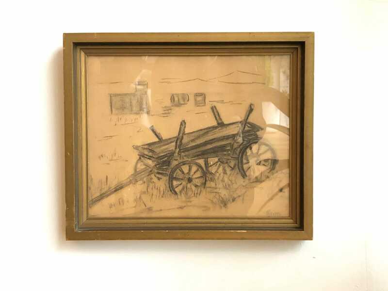 Beautiful Original Danish Vintage Coal Drawing With Motive Of Farming Carriage On A Field With Hay