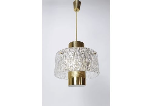 Mid Century Modern Kalmar Brass Tube And Textured Glass Pendant Austria, 1960s