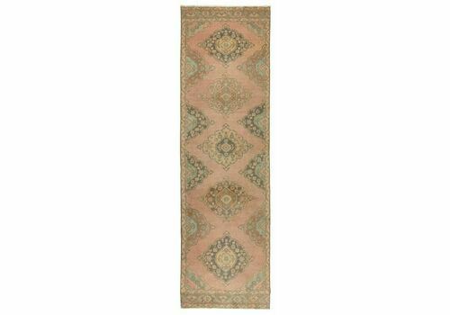 3,7 x 12,2 ft Vintage Anatolische Wollen Loper In Vervaagd Koraal En Lichtblauw