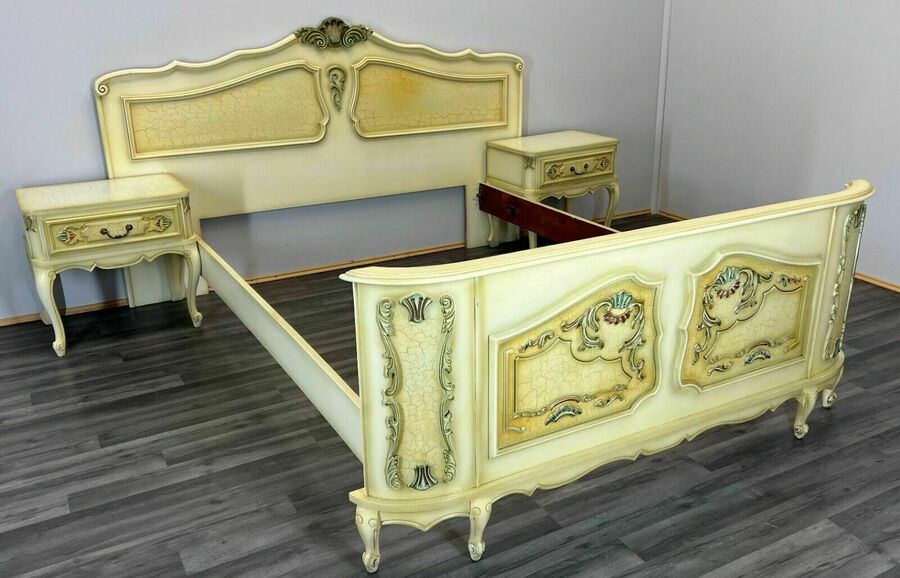 Vintage French Shabby Chic Double Bed With Bedside Tables Vinterior