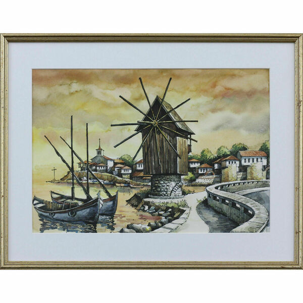 Print With Ink Wash And Pen Highlights. Nessebar Windmill, Bulgaria