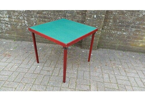 Vintage Wooden Card Jigsaw Games Table Fold Up Green Baize. Painted Red.