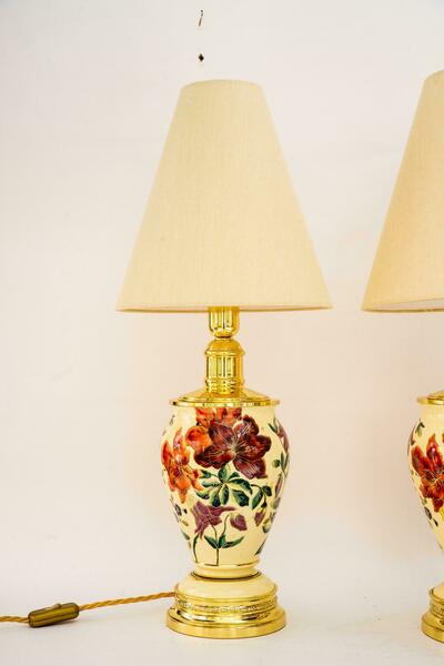 2 Big Historistic Table Lamps With Fabric Shades Vienna Around 1890s photo furniture