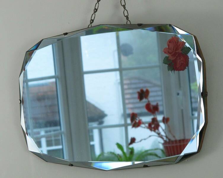 Art Deco Mirror. 14 Sided With Fancy Bevelled Edge And Rose Motif. Ready To Hang On Original Visible Chain.