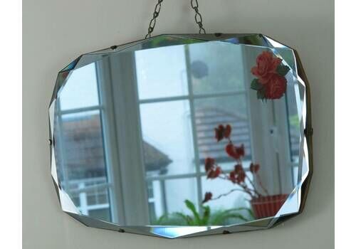 Art Deco Mirror. 14 Sided With Fancy Bevelled Edge And Rose Motif. Ready To Hang On Original Visible Chain.