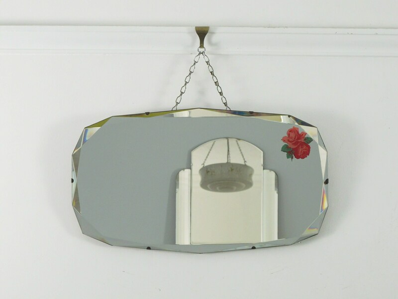 Art Deco Mirror. 14 Sided With Fancy Bevelled Edge And Rose Motif. Ready To Hang On Original Visible Chain. photo Home Decor