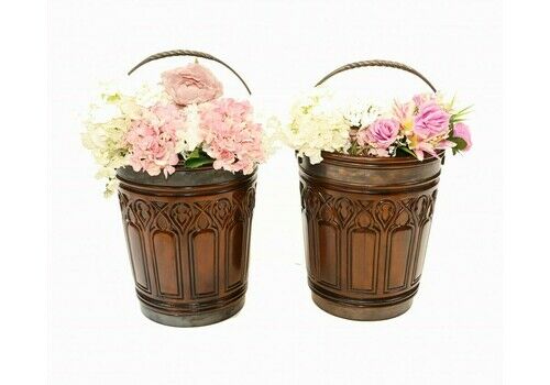Pair Irish Peat Buckets Gothic Mahogany Planters