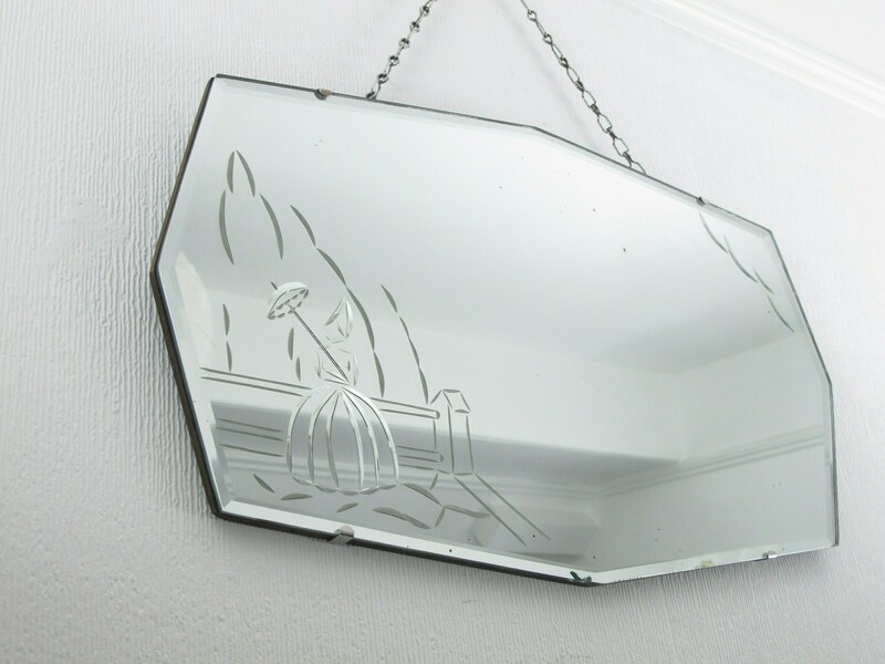 Wonderful Crinoline Lady, Cut Glass, Bevelled Edge Frame Less Art Deco Mirror. Ready To Hang On Original Visible Chain.