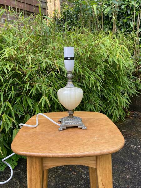 Ornate Vintage Onyx Lamp   Green Onyx With Stripes, And Cream Inserted Stone, Ornate Metal Square Base And Stem