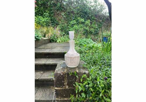 Superb Mid Century Retro Pottery Lamp With Classic Retro Design, Cream With Symmetrical, Graph, Etched Brown Lines, Working Retro Table Lamp