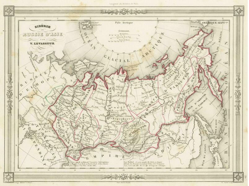 Antique Map Of Russia In Asia And Siberia, With Frame Style Border photo for sale