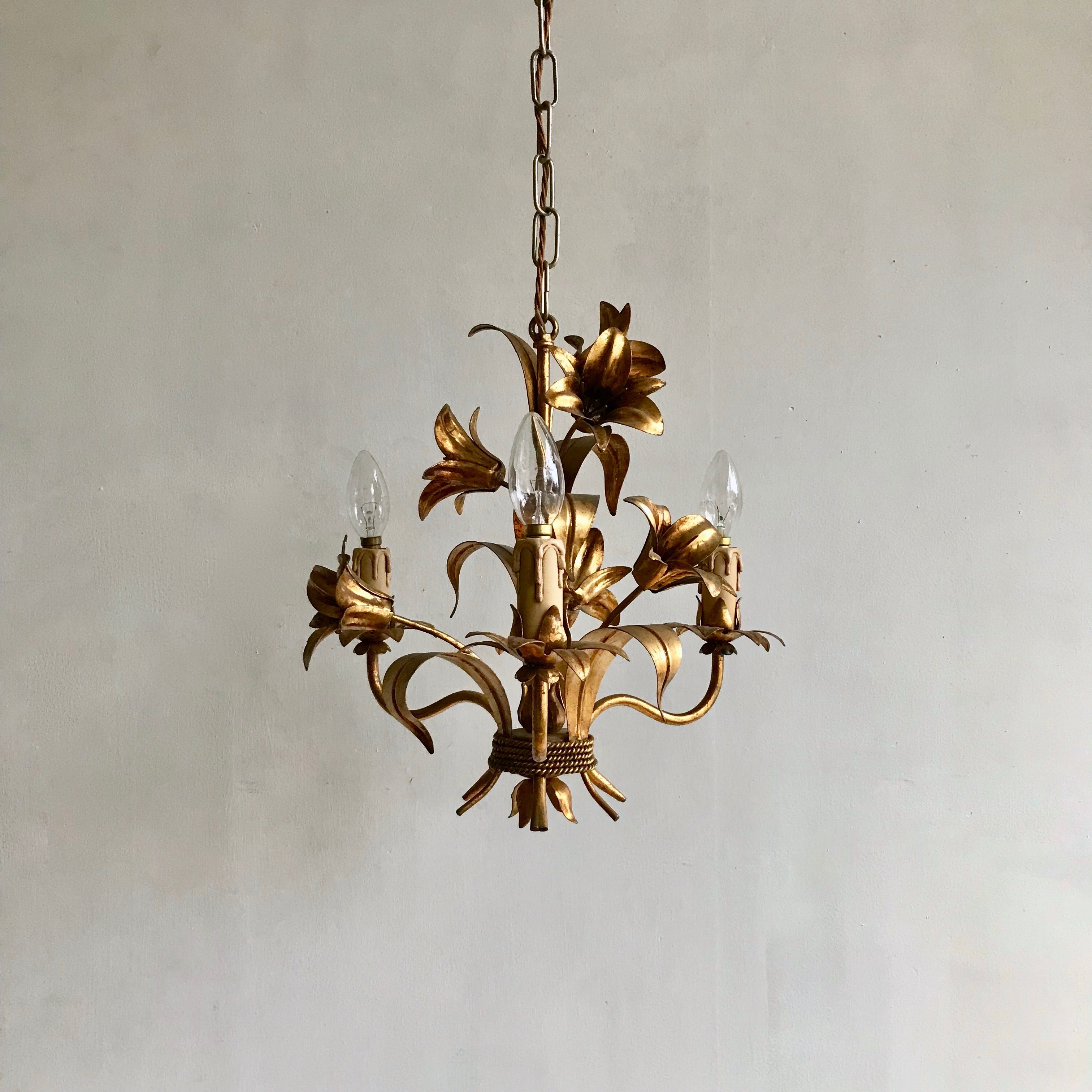 Small toleware chandelier with blue flowers Small toleware chandelier with blue flowers